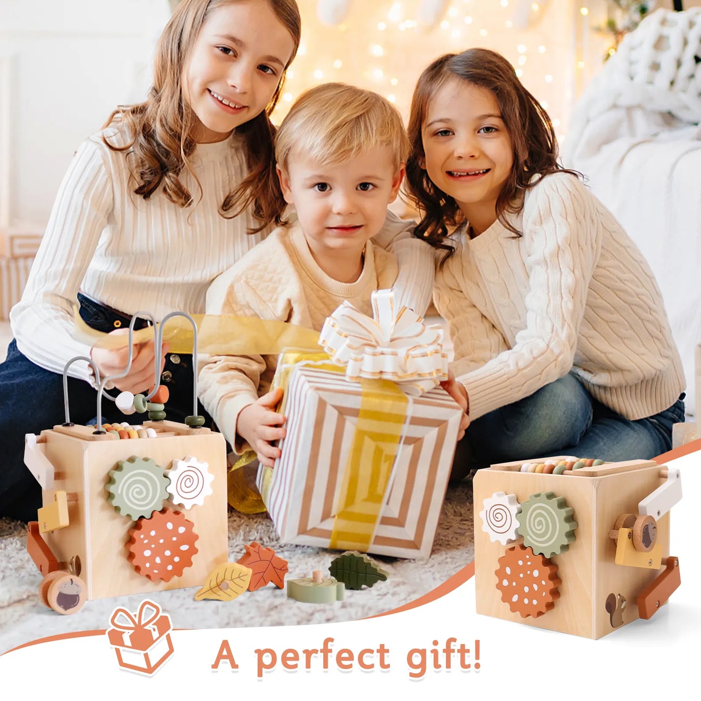 Happy toddlers receiving Montessori wooden activity cube gift – perfect educational toy for preschool kids in USA