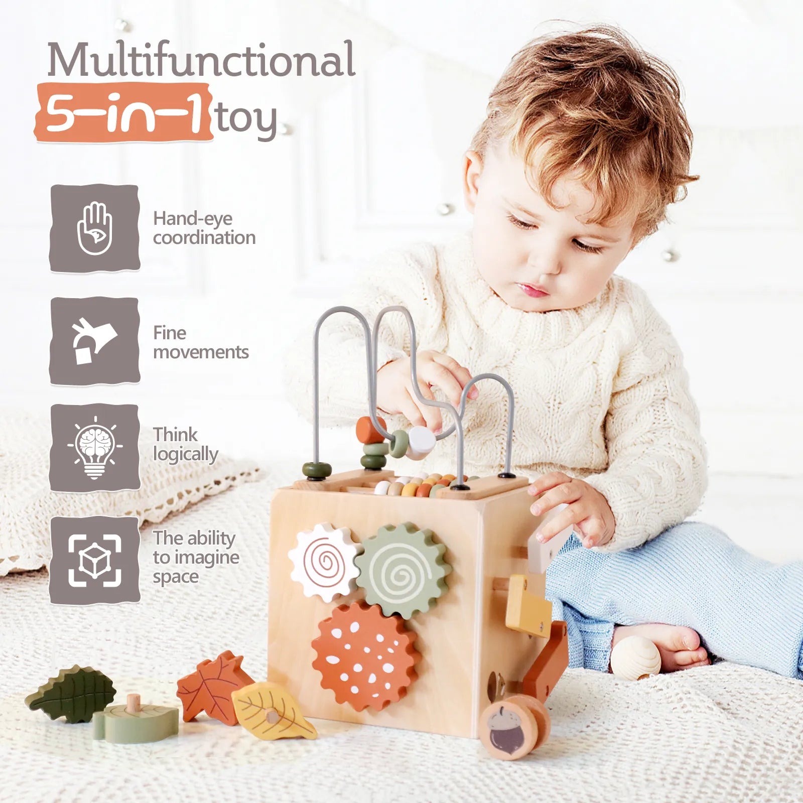 Baby playing with Montessori activity cube – toy develops logic, problem-solving, fine movement, hand-eye coordination, the ability to imagine space and motor skills