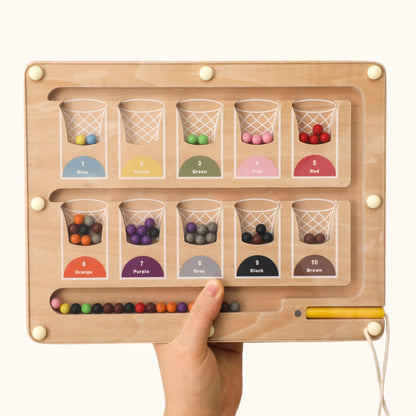 Magnetic Color & Number Maze wooden board with acrylic cover — Montessori counting and color-matching toy for preschoolers, mess-free play