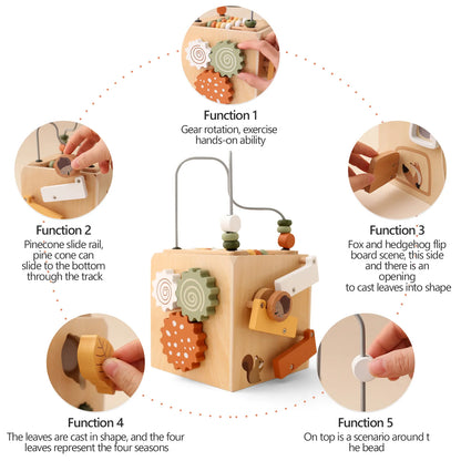 Montessori wooden activity cube close-up – fine motor skill details of gears, bead maze, and shape sorter