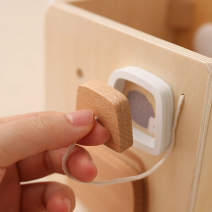 Montessori wooden activity cube with shape sorter and gears – eco-friendly toy for early learning, EU daycare