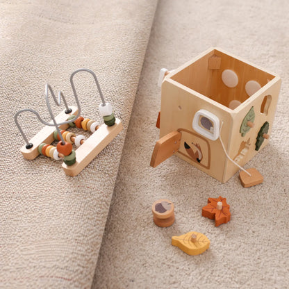 Portable 5-in-1 wooden activity cube for travel and home play – all toy pieces shown separately